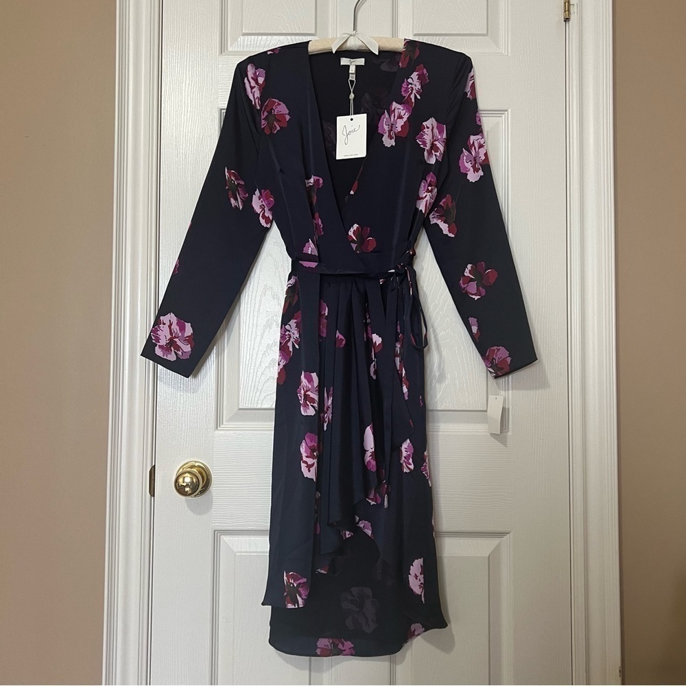 [NWT] Joie Navy Pink Floral Print Silky Satin Wrap Long Sleeve Midi Dress - Sz S - Picture 2 of 15
